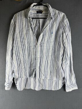 Polo Ralph Lauren Women's Medium Blue Striped Button Down Linen Shirt Blouse